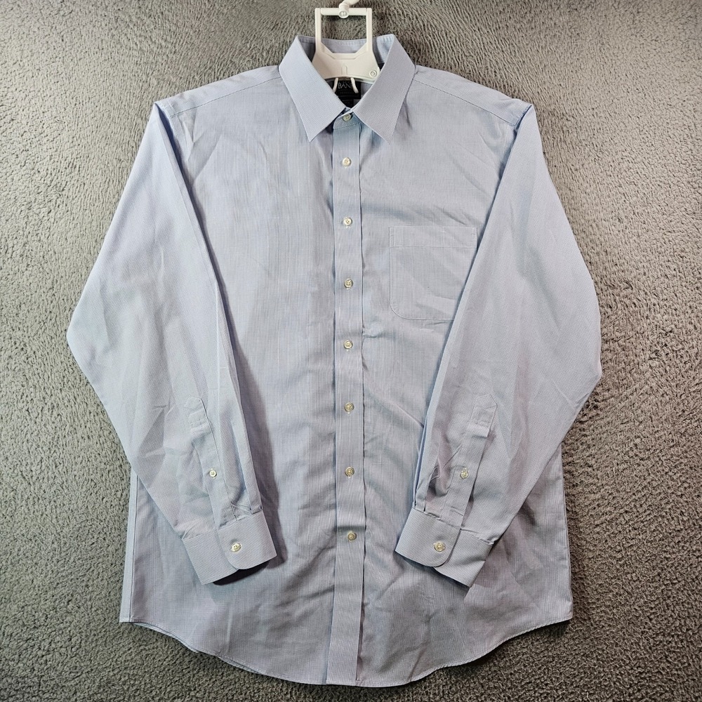 Jos A Bank Dress Shirt Men 17-35 Button Up Long Sleeve White Blue Small Plaid